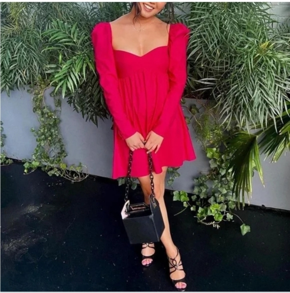 Reformation Kenzi Babydoll Sweatheart Neckline Mini Dress Rhubarb Pink Feminine - Picture 3 of 9